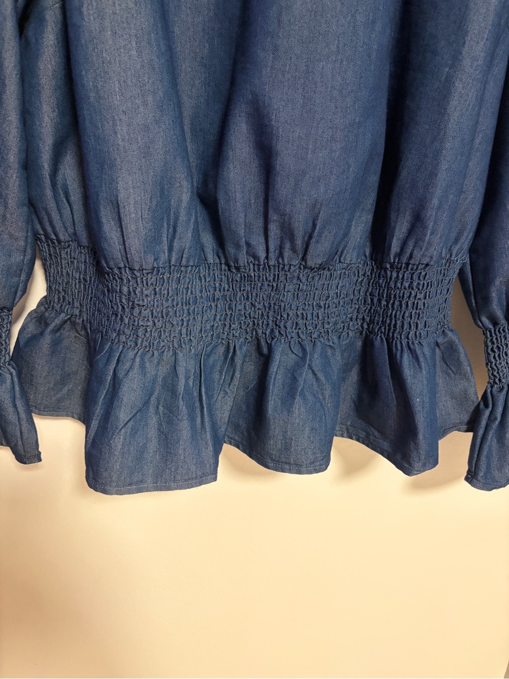 Ashley Stewart Denim Peplum Top Smocked Neck Puff Sleeves Blue Size 12/16 - Picture 7 of 12